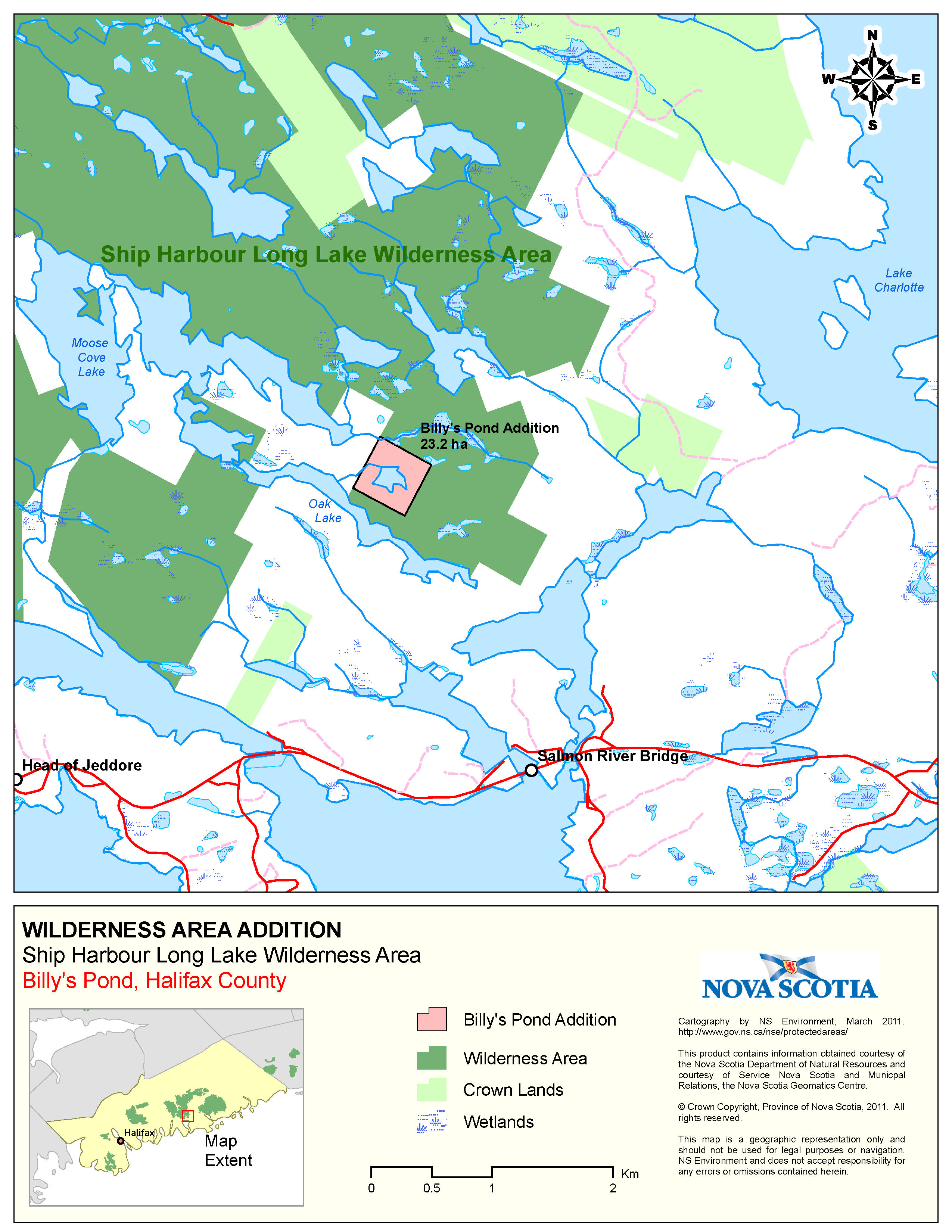Graphic showing map of Boundaries of Crown Land at Billy’s Pond, Halifax County Addition to Ship Harbour Long Lake Wilderness Area